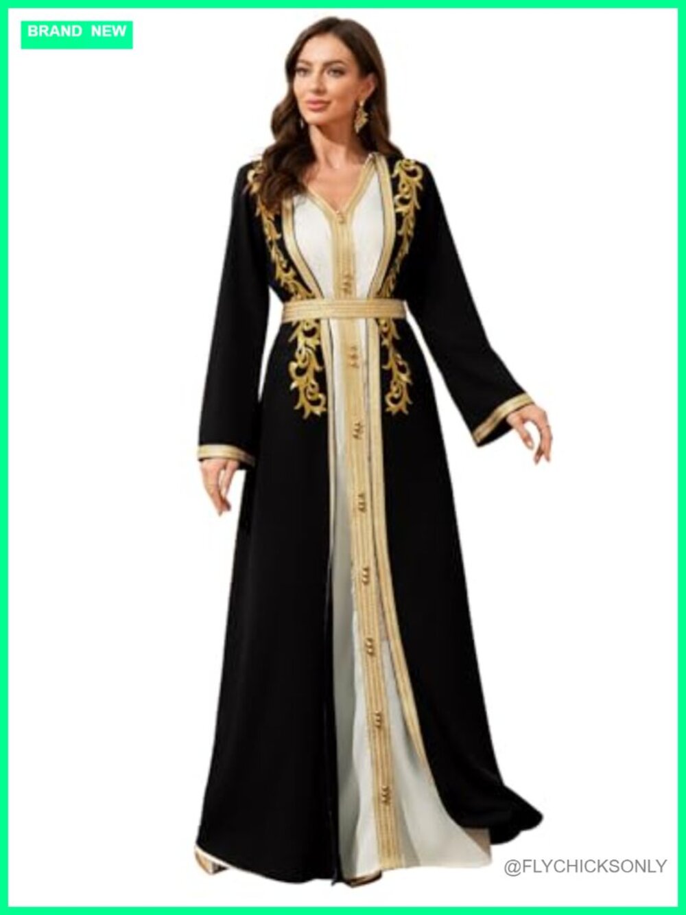 Elegant Muslim Dress Gold Embroidered Evening Gown Formal Maxi Abaya